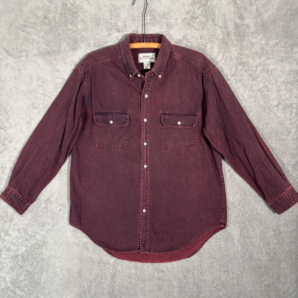 Vintage Wrangler Rugged Wear Mens Maroon Acid Wash Cotton Button Down Shirt L